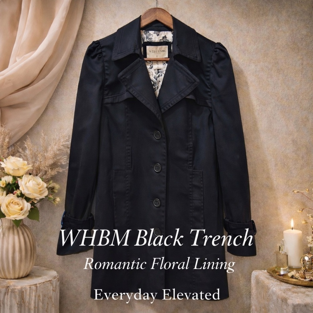 White House Black Market Black Trench Coat Floral Lining XS Missing Belt